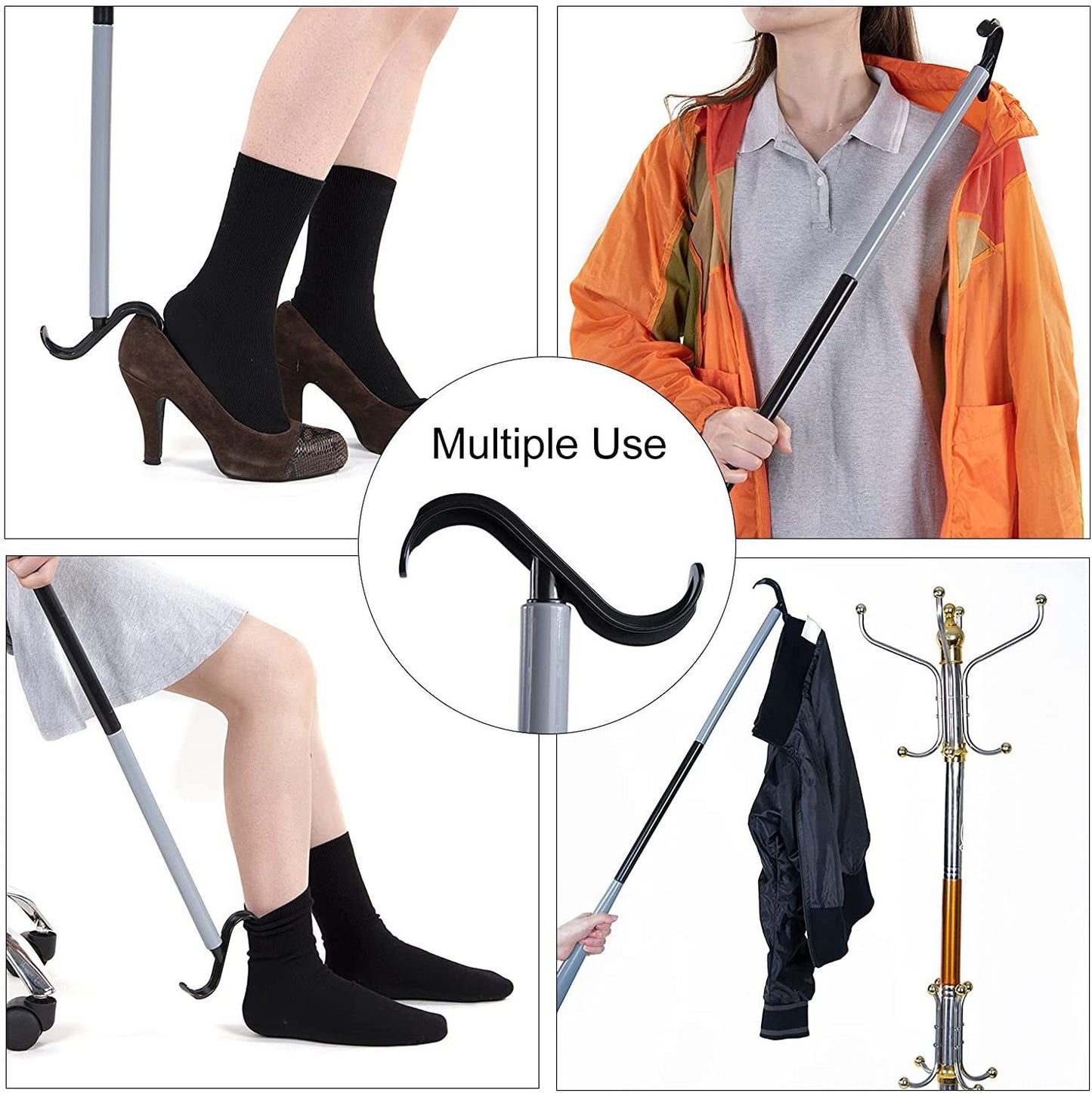 2-Pack Black Portable Dressing Aid Stick & Long-Handled Shoe Horn (3-Section Detachable) - Adjustable 62cm-88cm Dressing Hook for Seniors & Limited Mobility