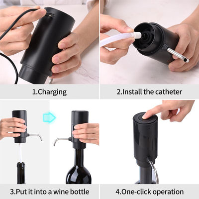 Electric Wine Bottle Opener Set Rechargeable Wine Set with Foil Cutter, Electric Wine Opener, Electric 2in-1 Wine Aerator & Pourer, Electric Vacuum Pump and Wine Stoppers, Black