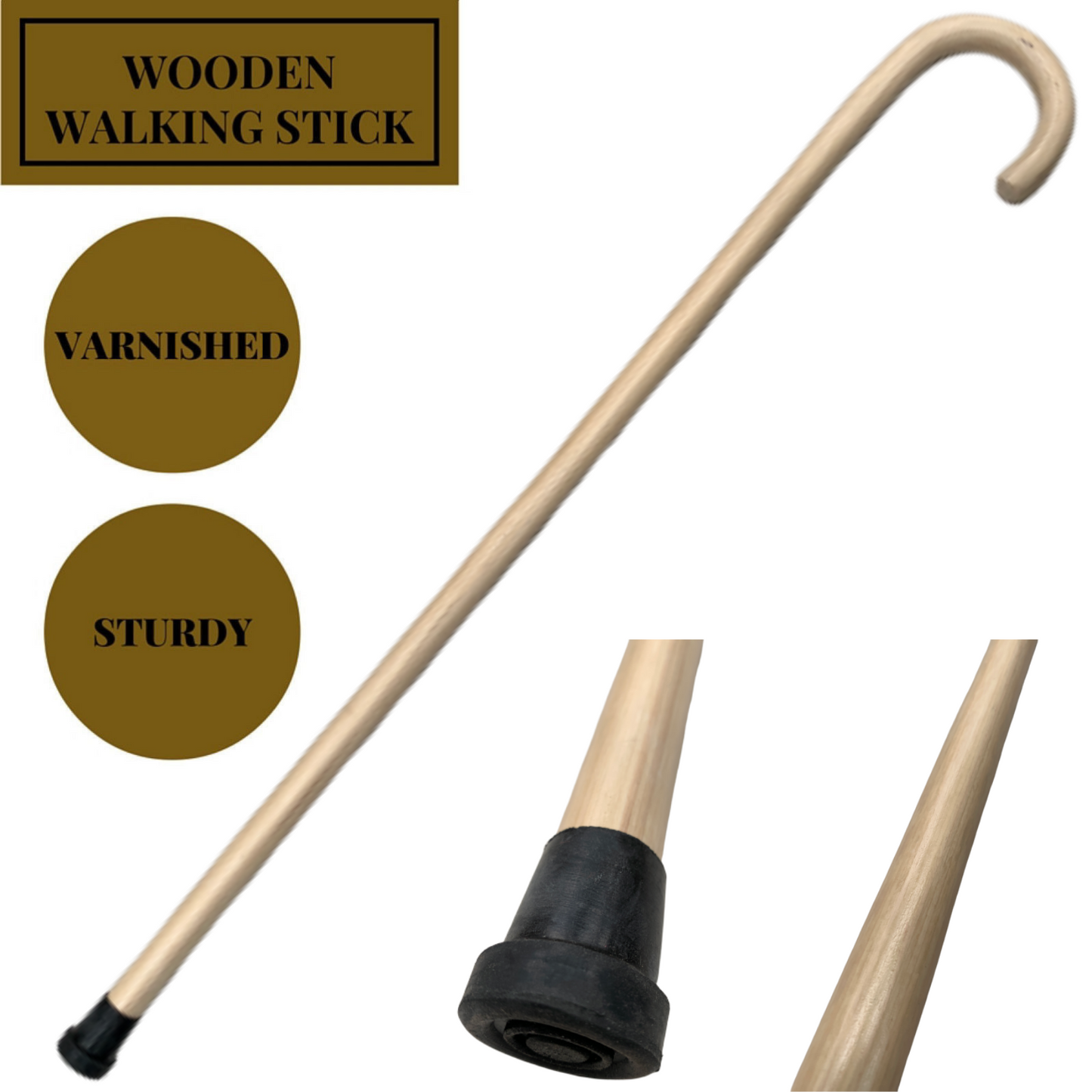 93cm WOODEN WALKING STICK Wood Cane Pole Carved Varnished Deluxe Sturdy - Beige