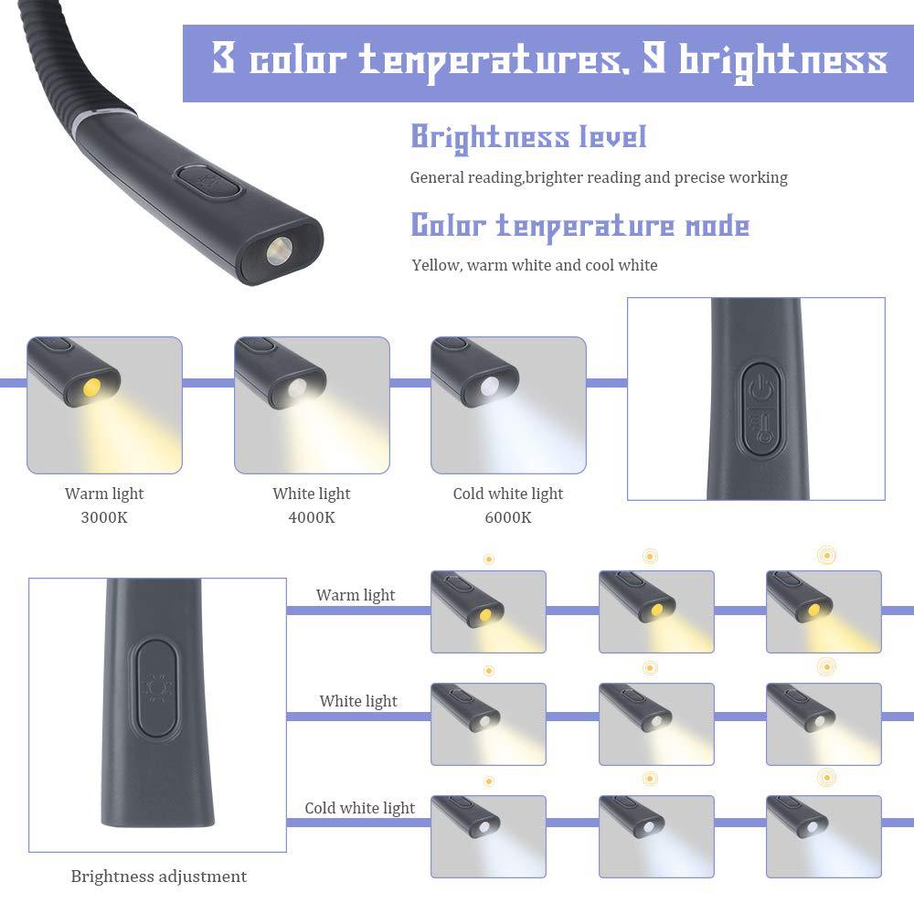 Blue Hands-Free USB Rechargeable Neck Reading Light 3 Colour Modes Flexible LED Book Lamp for Night Reading Knitting Repairing