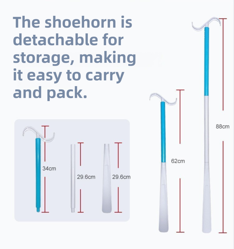 2-Pack Black Portable Dressing Aid Stick & Long-Handled Shoe Horn (3-Section Detachable) - Adjustable 62cm-88cm Dressing Hook for Seniors & Limited Mobility