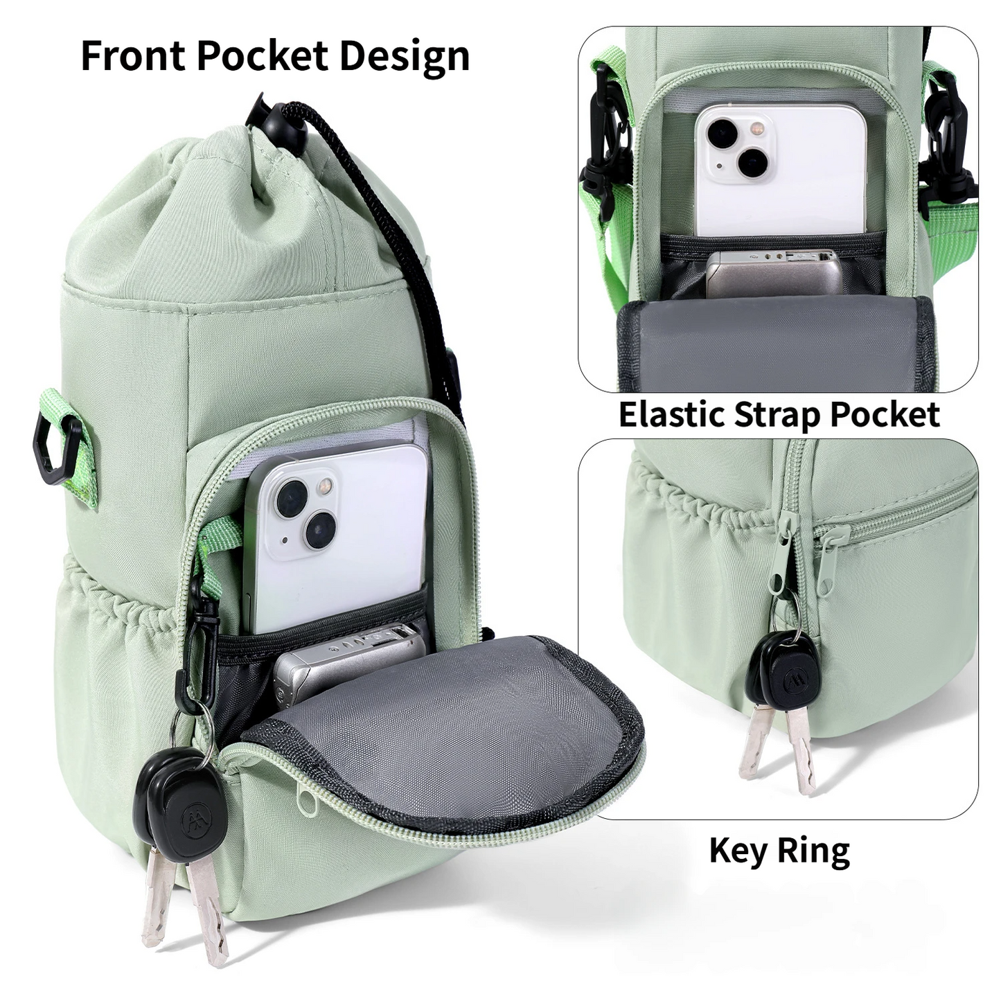 2-Pack Black Muti-Pockets Insulated Water Bottle Holder and Adjustable Phone Crossbody Bag – 40oz Bottle Large Waterproof Cooler Sling Bag with Drawstring Closure and PE Cotton and Aluminium Foil Lining
