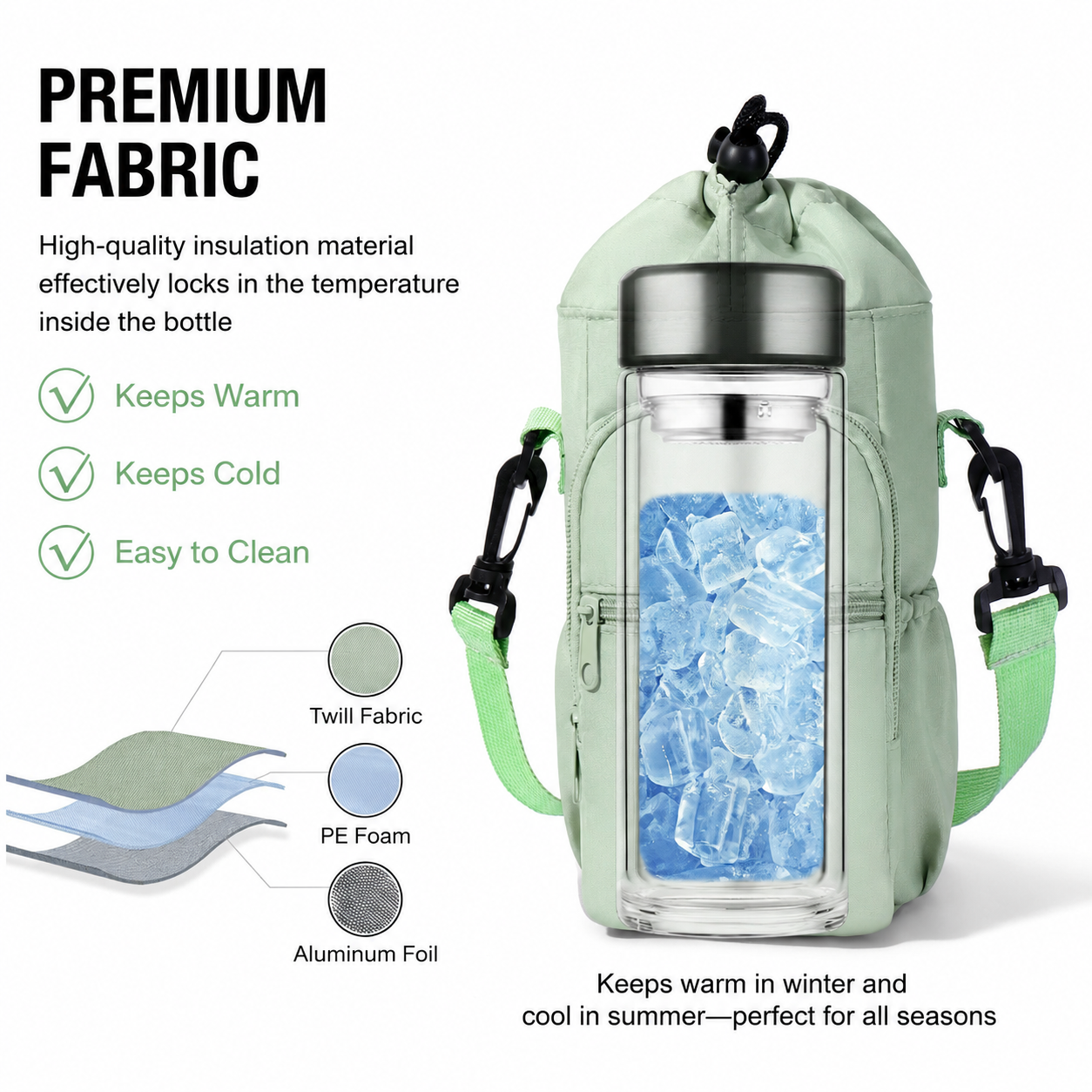 2-Pack Grey Muti-Pockets Insulated Water Bottle Holder and Adjustable Phone Crossbody Bag – 40oz Bottle Large Waterproof Cooler Sling Bag with Drawstring Closure and PE Cotton and Aluminium Foil Lining