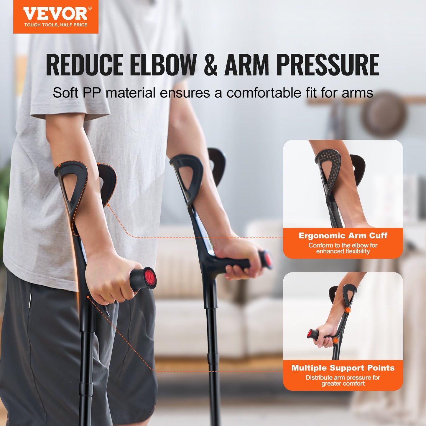 Forearm Crutches 10-Level Height Adjustable Walking Crutches 1 Pair 350LBS