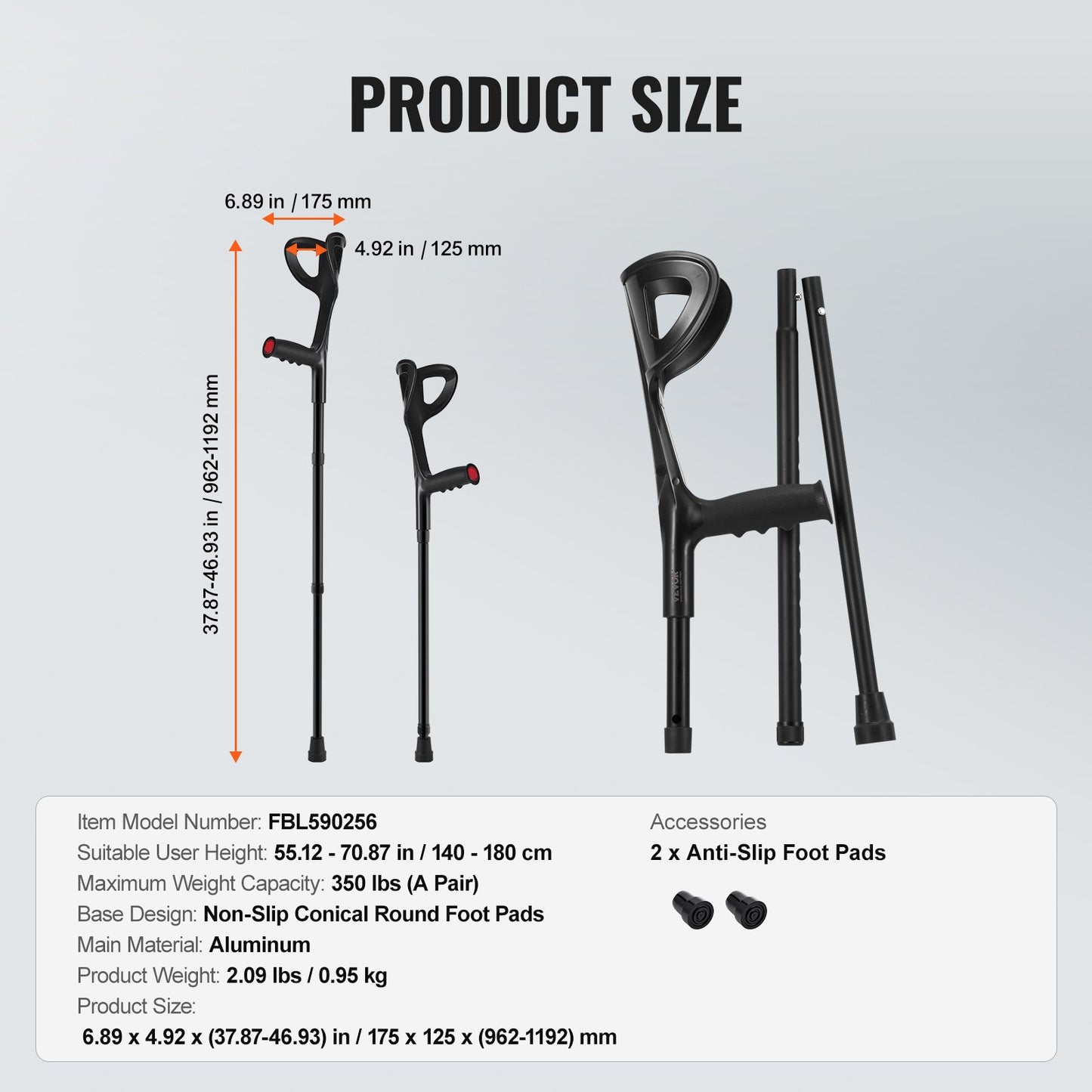 Forearm Crutches 10-Level Height Adjustable Walking Crutches 1 Pair 350LBS